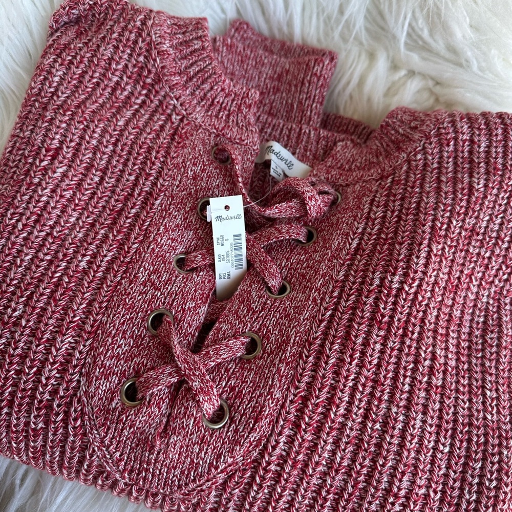 Madewell Marled Ribbed Lace-Up Red Sweater - Picture 5 of 8